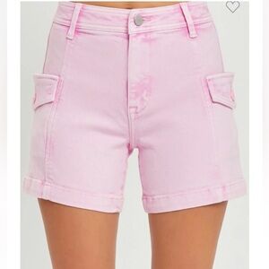 RISEN JEANS Cotton Pink Acid Wash‎ High Waist Cargo Shorts